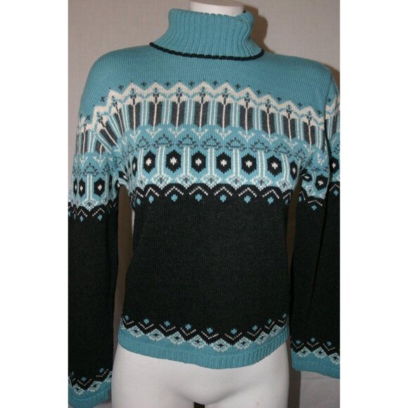 Its Our Time Womens Nordic Pattern Turtleneck Sweater Blue Black Knit Sz Medium - Picture 1 of 6